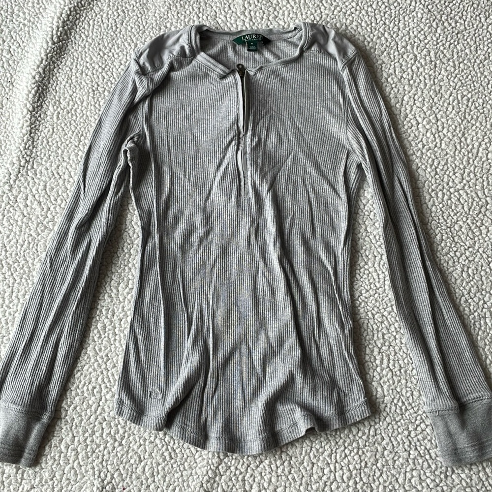 Lauren Ralph Lauren grey ribbed long sleeve top with zipper